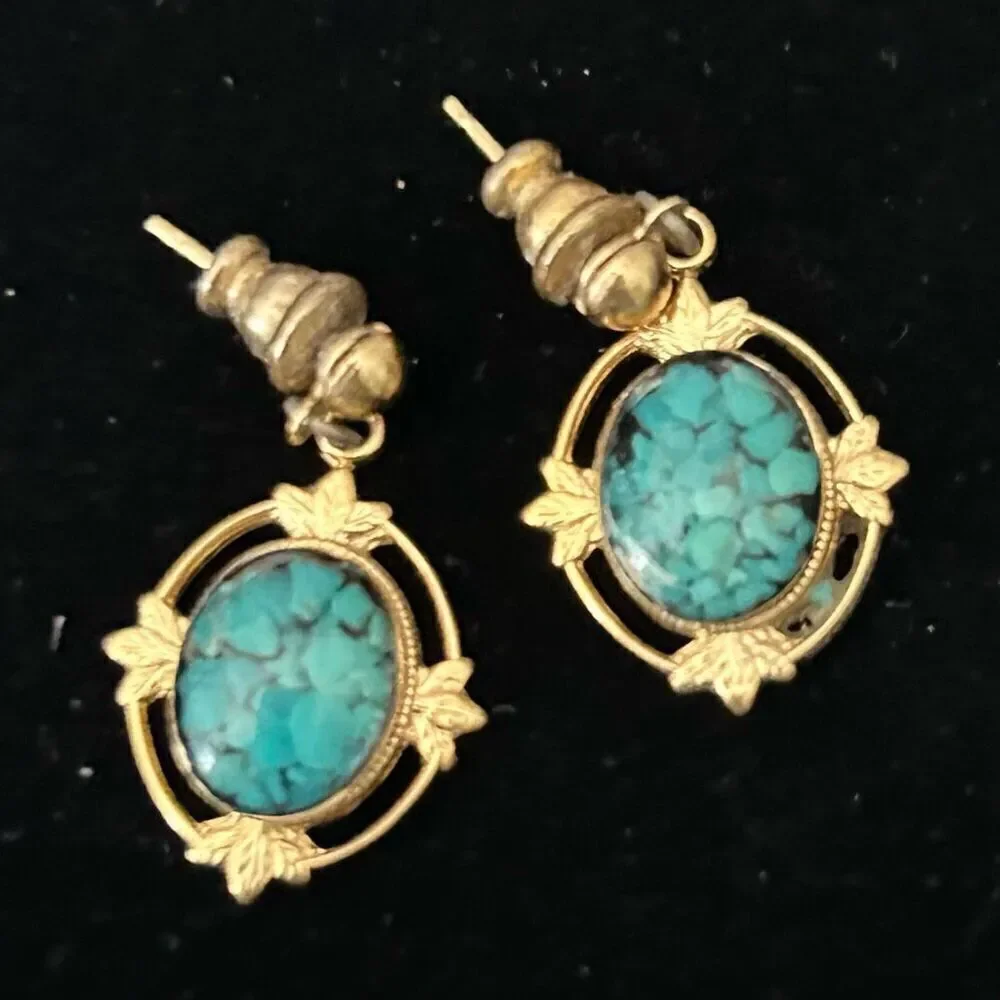 Lot 4 Pair Pierced Earrings Faux Coral Turquoise Tourmaline Dangle Post Goldtone